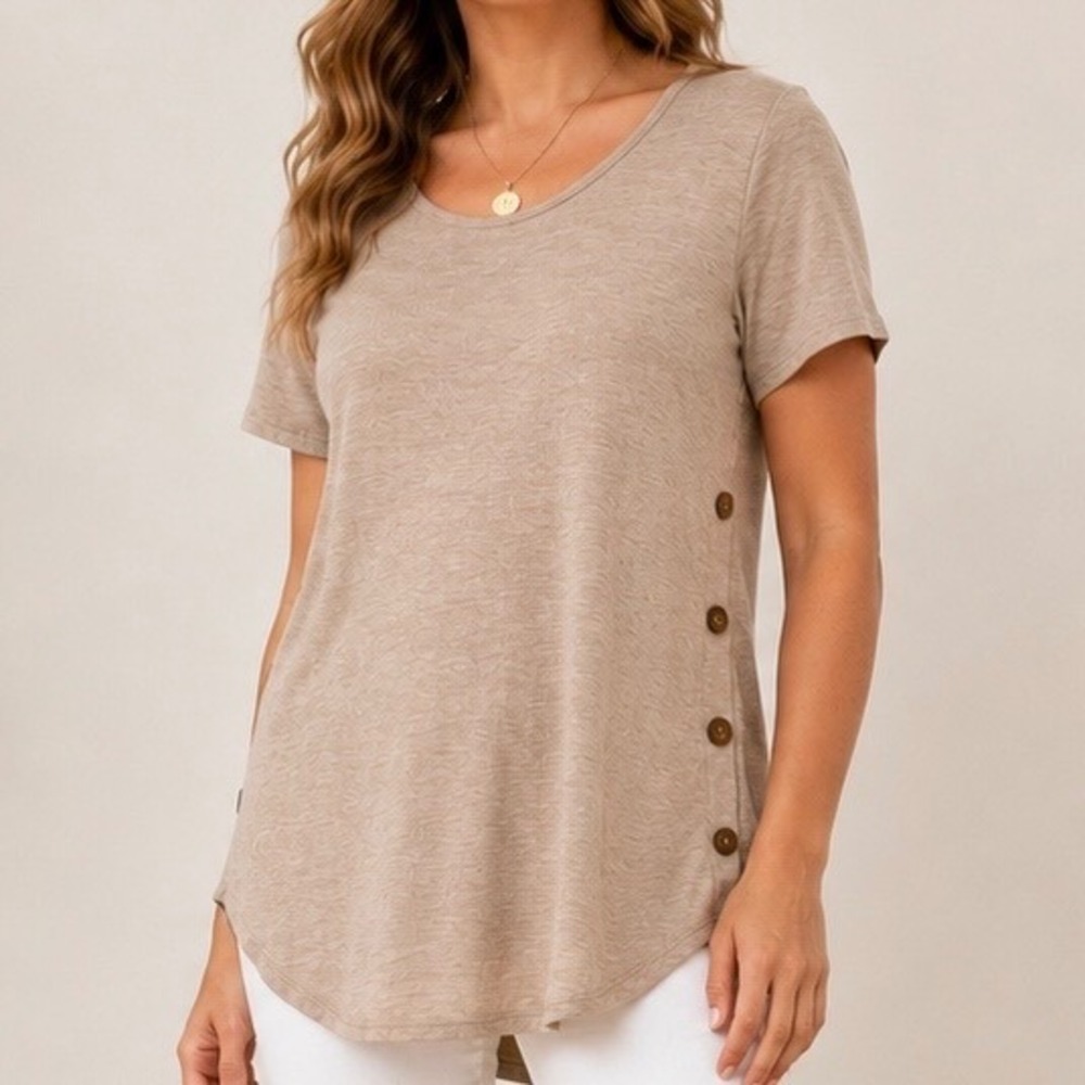 42Pops S Beige Side Button Tunic Top Short‎ Sleeve High Low Hem Stretch Casual